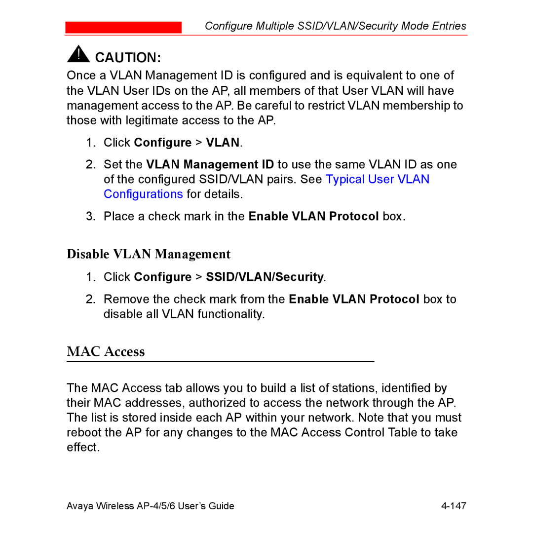 Avaya AP-5, AP-4, AP-6 manual Disable Vlan Management, MAC Access, Click Configure Vlan 