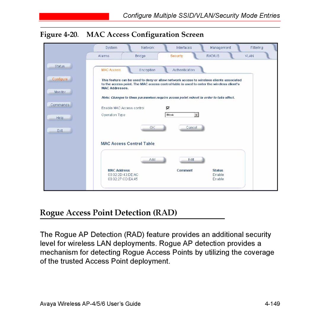 Avaya AP-6, AP-4, AP-5 manual Rogue Access Point Detection RAD, MAC Access Configuration Screen 