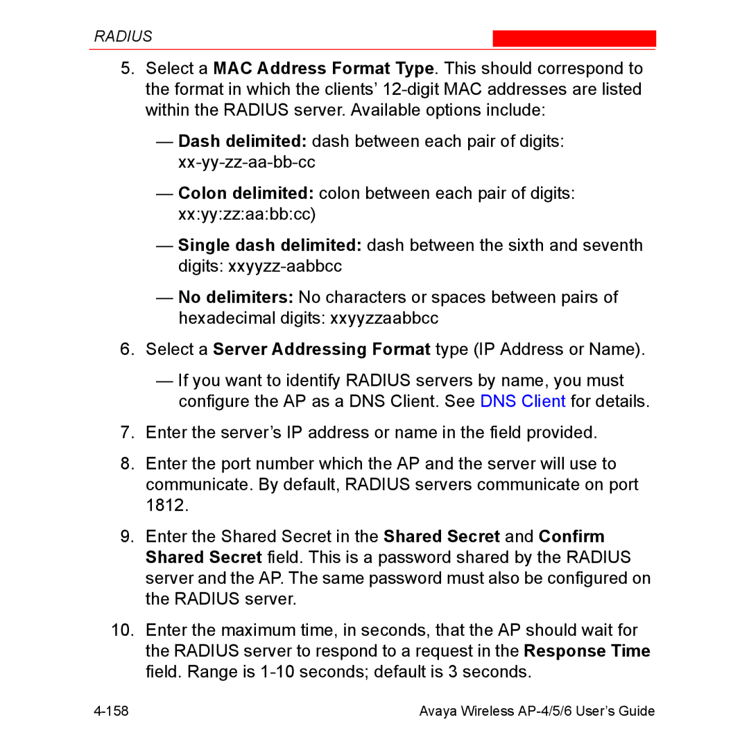 Avaya AP-6, AP-5 manual Avaya Wireless AP-4/5/6 User’s Guide 