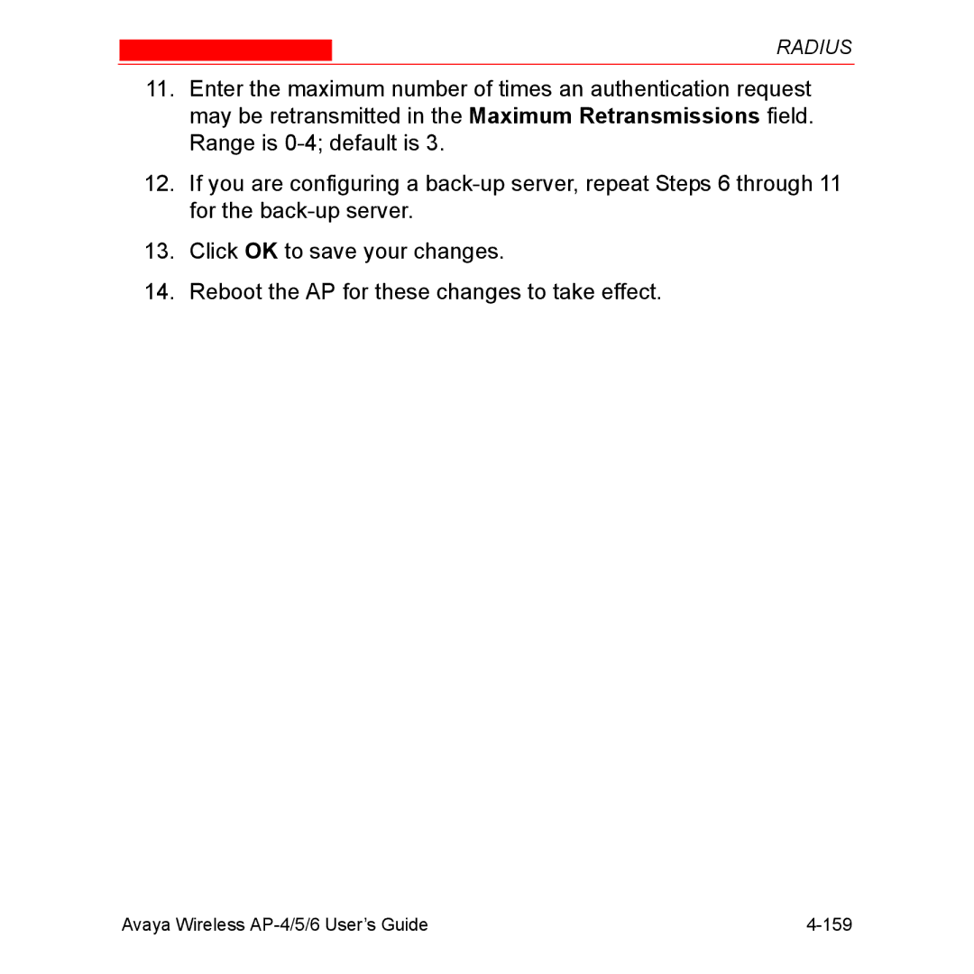 Avaya AP-5, AP-6 manual Avaya Wireless AP-4/5/6 User’s Guide 159 