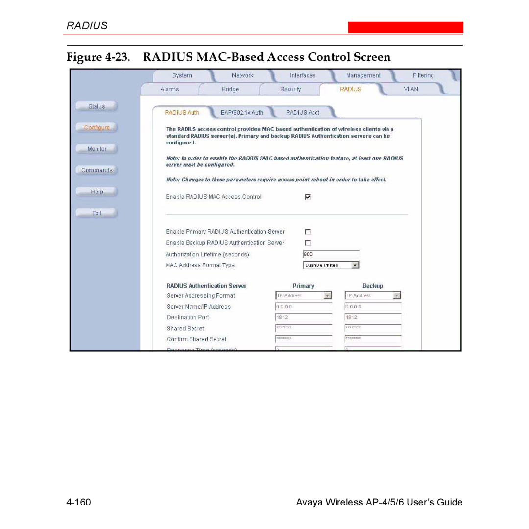 Avaya AP-4, AP-6, AP-5 manual Radius MAC-Based Access Control Screen 