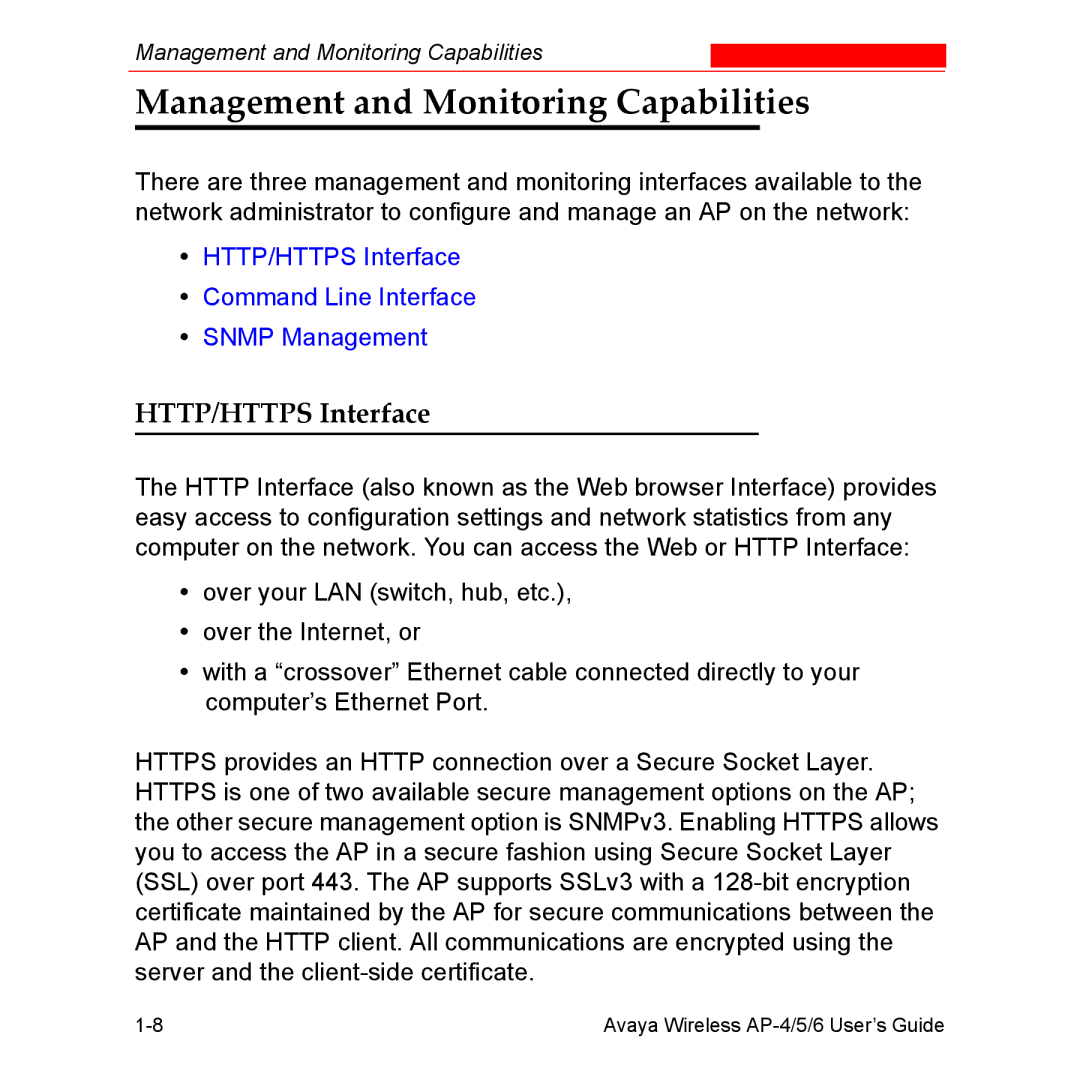 Avaya AP-5, AP-4, AP-6 manual Management and Monitoring Capabilities, HTTP/HTTPS Interface 