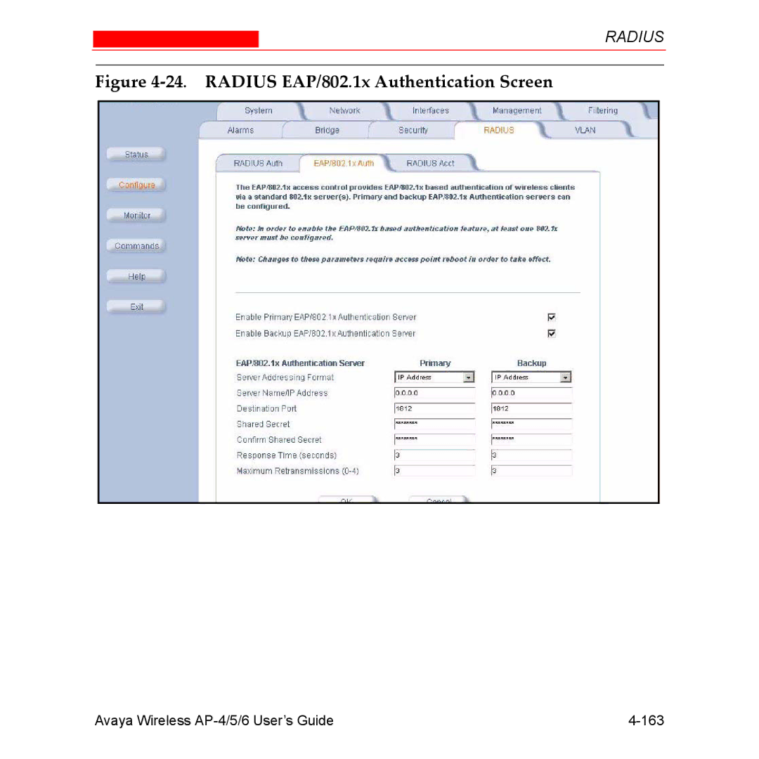 Avaya AP-4, AP-6, AP-5 manual Radius EAP/802.1x Authentication Screen 