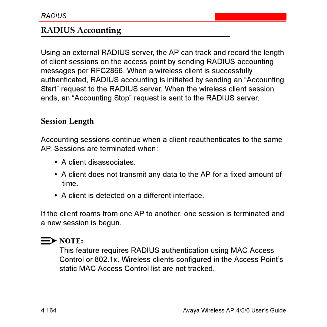 Avaya AP-6, AP-4, AP-5 manual Radius Accounting, Session Length 