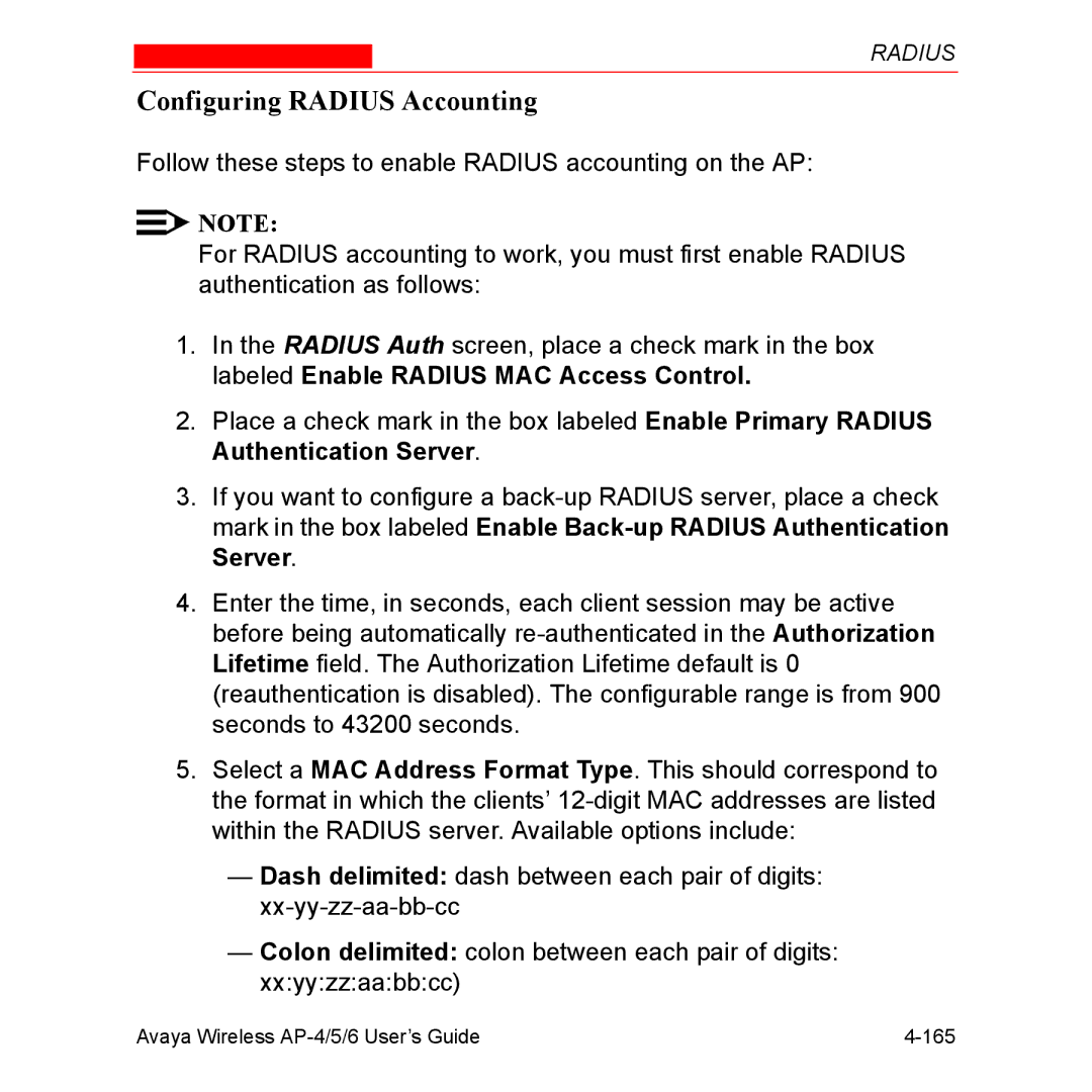 Avaya AP-5, AP-4, AP-6 manual Configuring Radius Accounting 