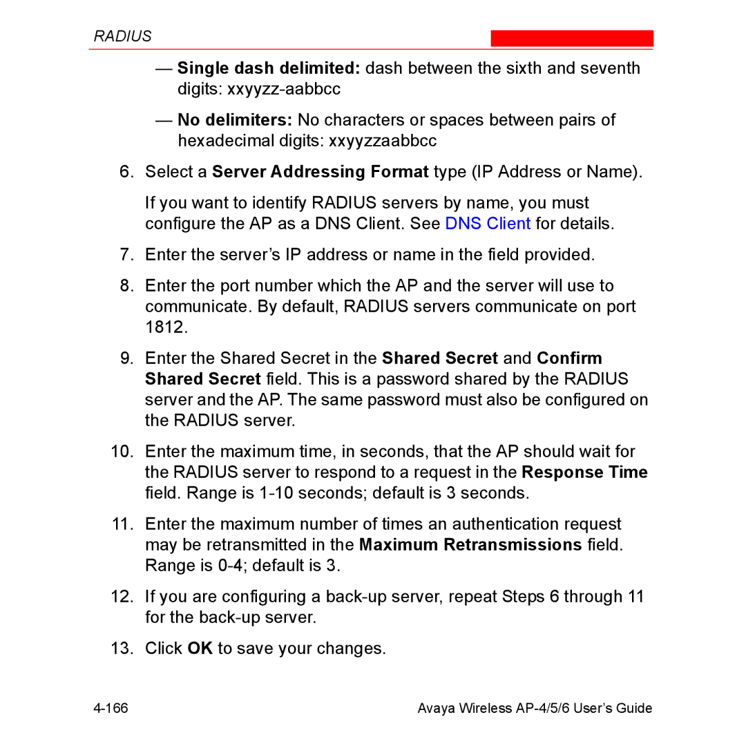 Avaya AP-6, AP-5 manual Avaya Wireless AP-4/5/6 User’s Guide 