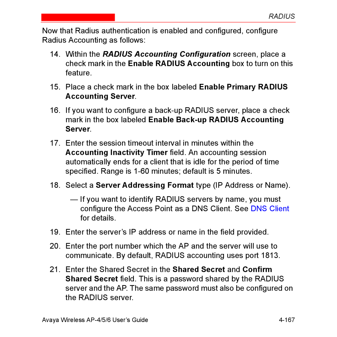 Avaya AP-6, AP-5 manual Avaya Wireless AP-4/5/6 User’s Guide 167 