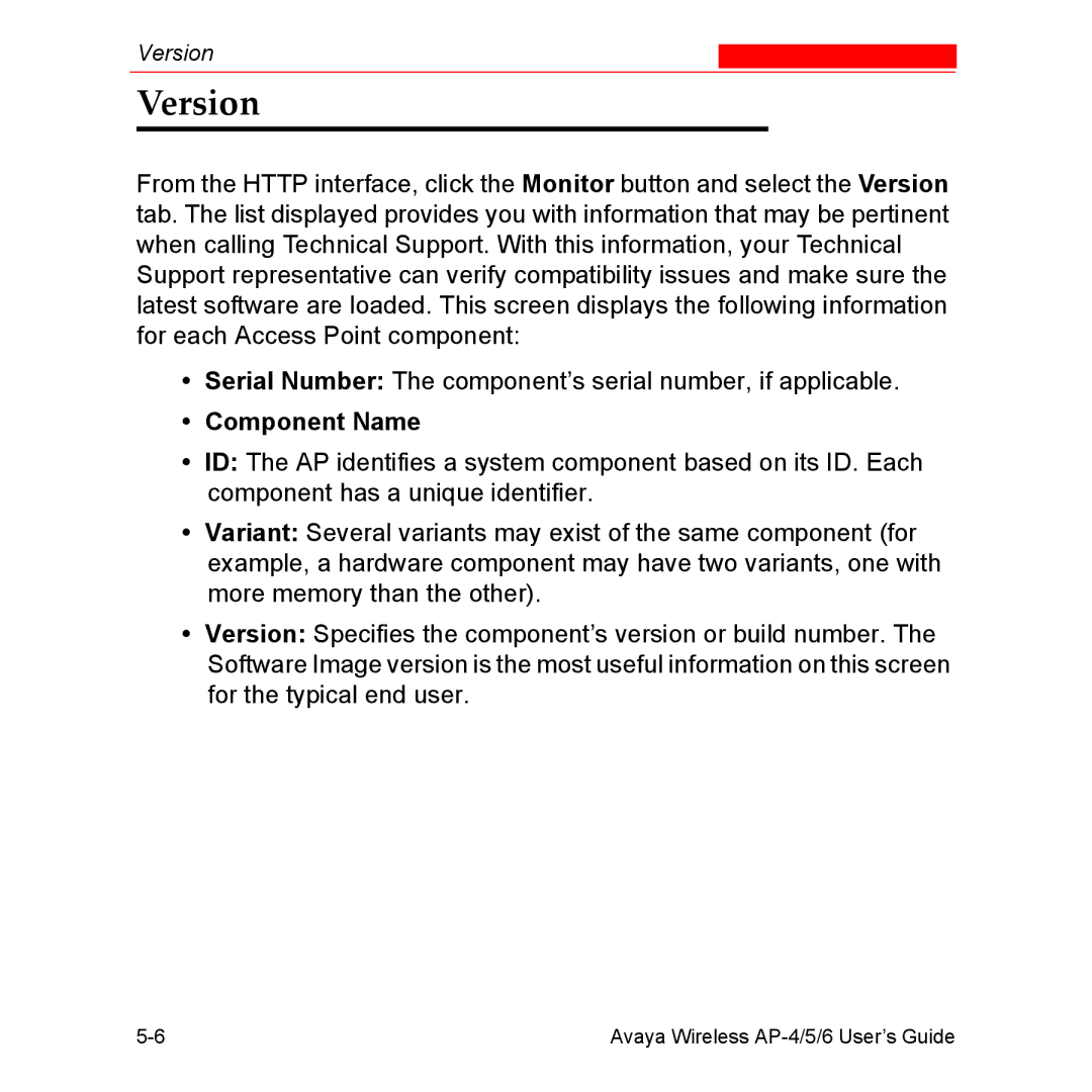 Avaya AP-6, AP-4, AP-5 manual Version, Component Name 