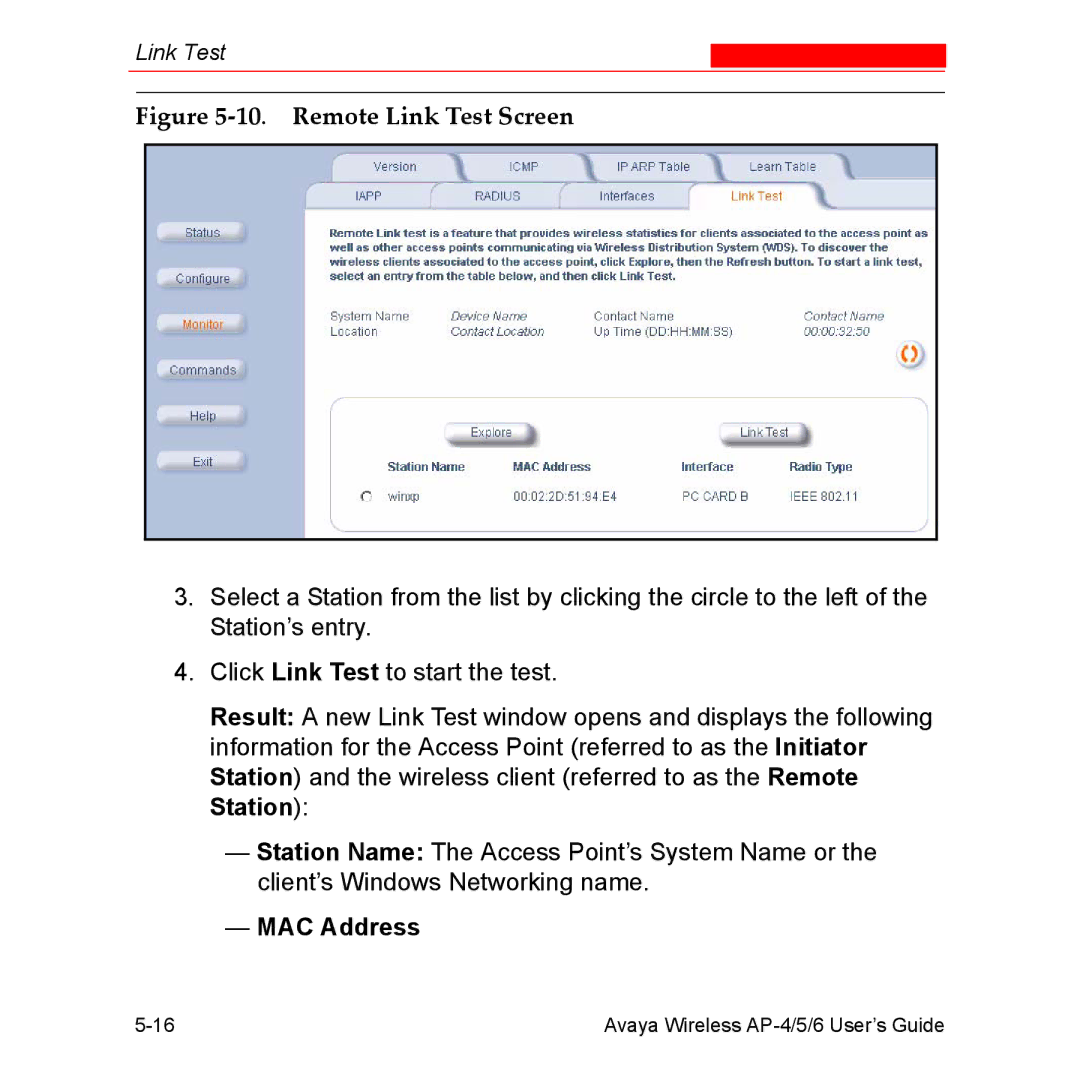 Avaya AP-5, AP-4, AP-6 manual Remote Link Test Screen, MAC Address 