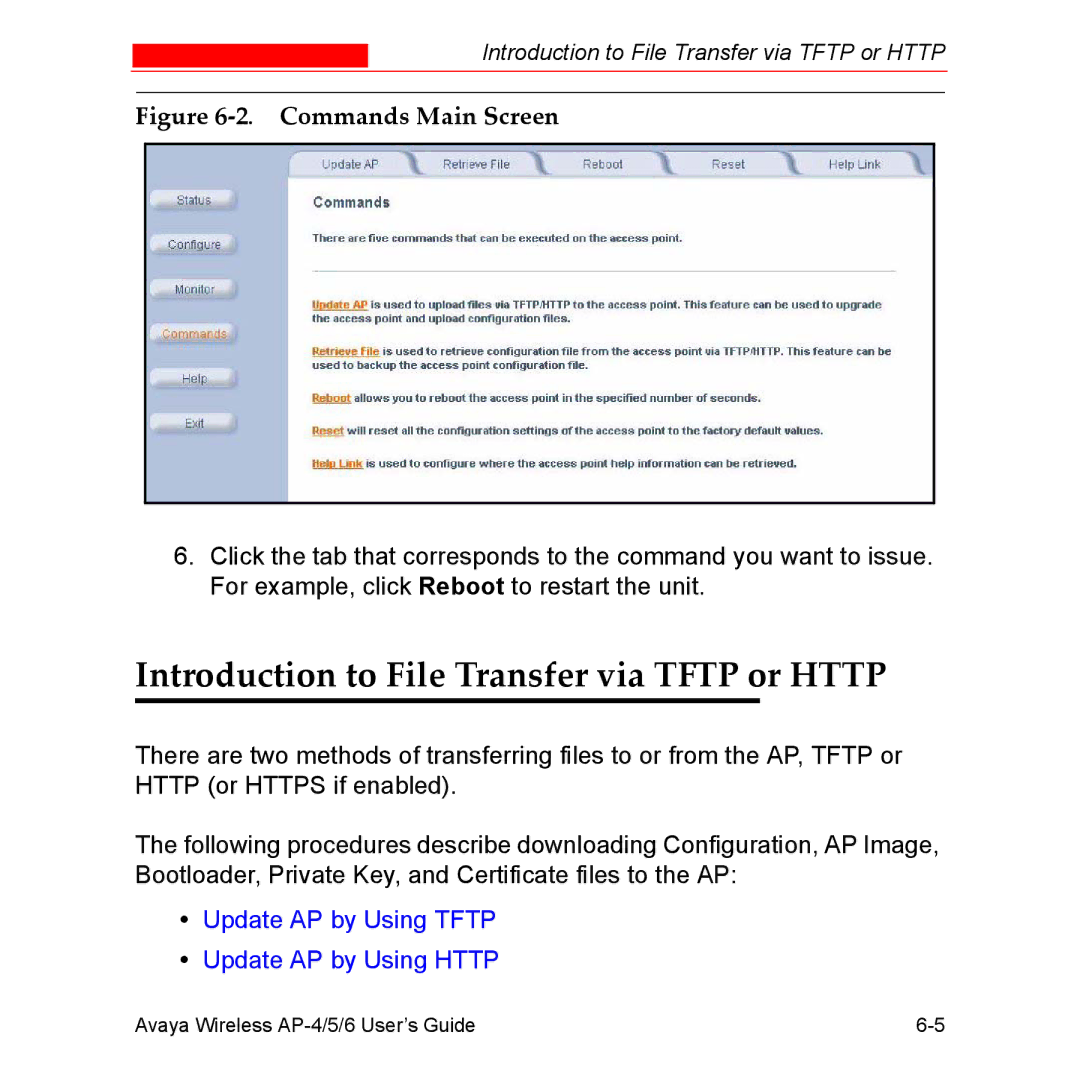 Avaya AP-4, AP-6, AP-5 manual Introduction to File Transfer via Tftp or Http, Update AP by Using Tftp Update AP by Using Http 