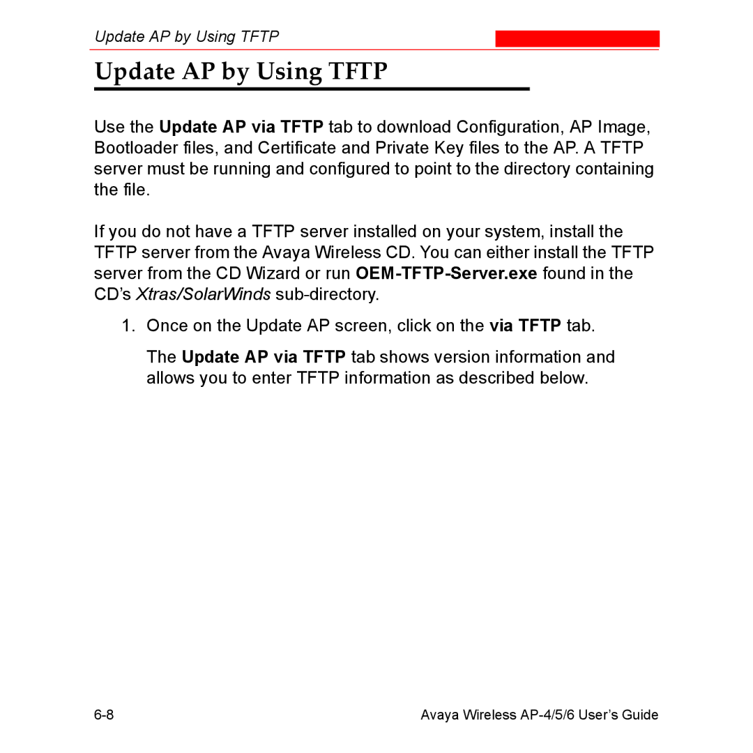 Avaya AP-4, AP-6, AP-5 manual Update AP by Using Tftp 