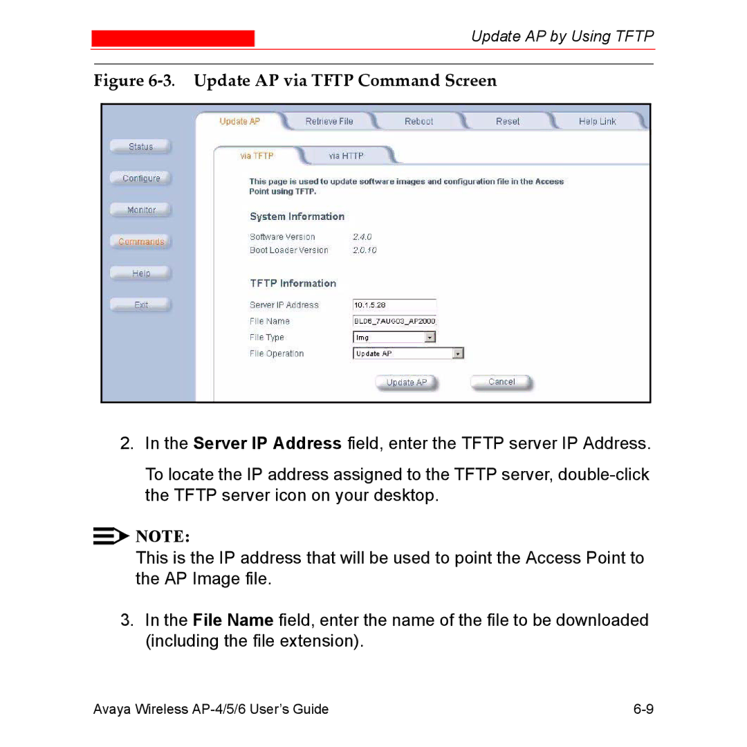 Avaya AP-6, AP-4, AP-5 manual Update AP via Tftp Command Screen 