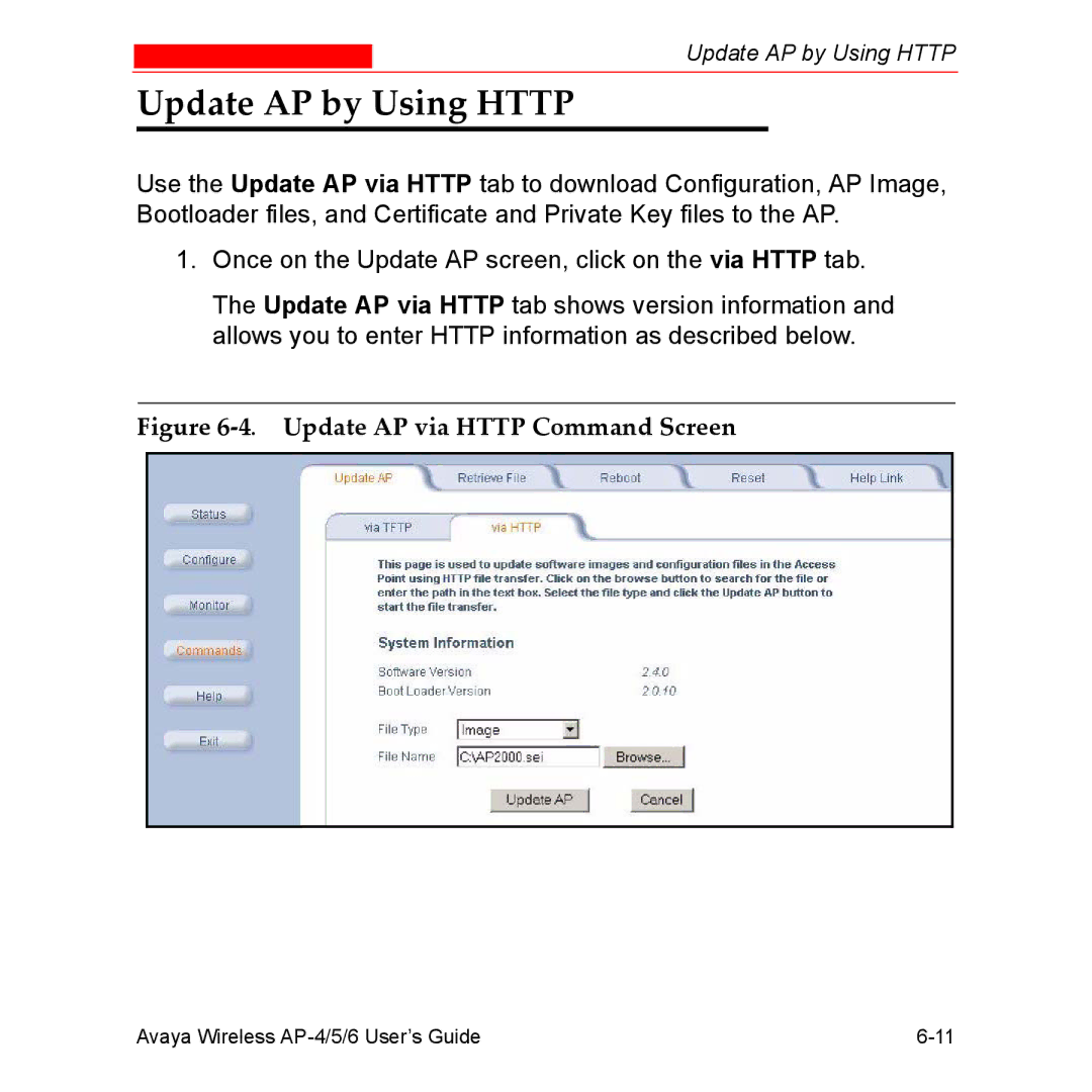 Avaya AP-4, AP-6, AP-5 manual Update AP by Using Http, Update AP via Http Command Screen 