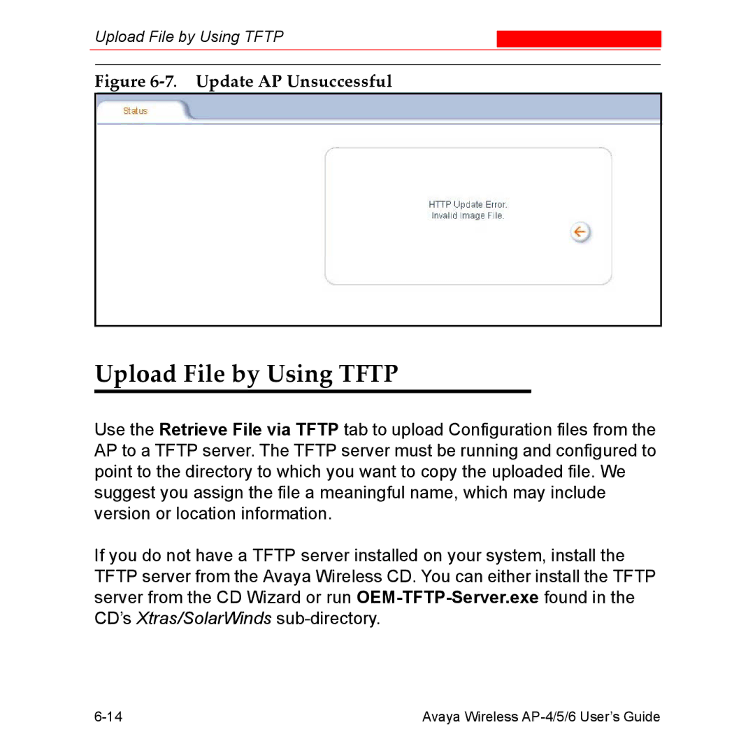 Avaya AP-4, AP-6, AP-5 manual Upload File by Using Tftp, Update AP Unsuccessful 