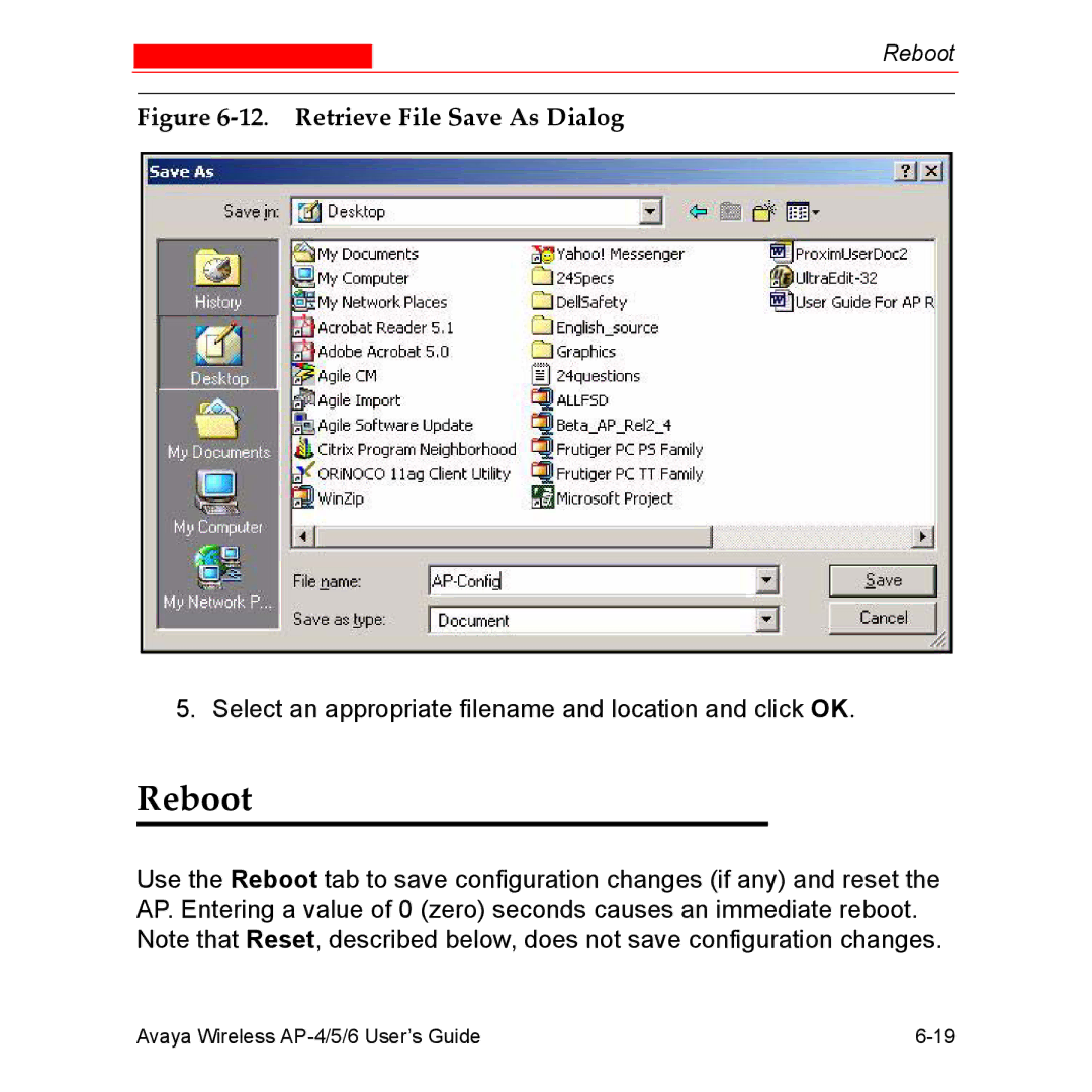 Avaya AP-5, AP-4, AP-6 manual Reboot, Retrieve File Save As Dialog 