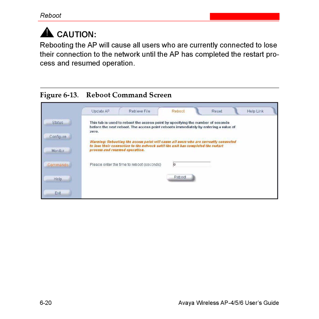 Avaya AP-4, AP-6, AP-5 manual Reboot Command Screen 