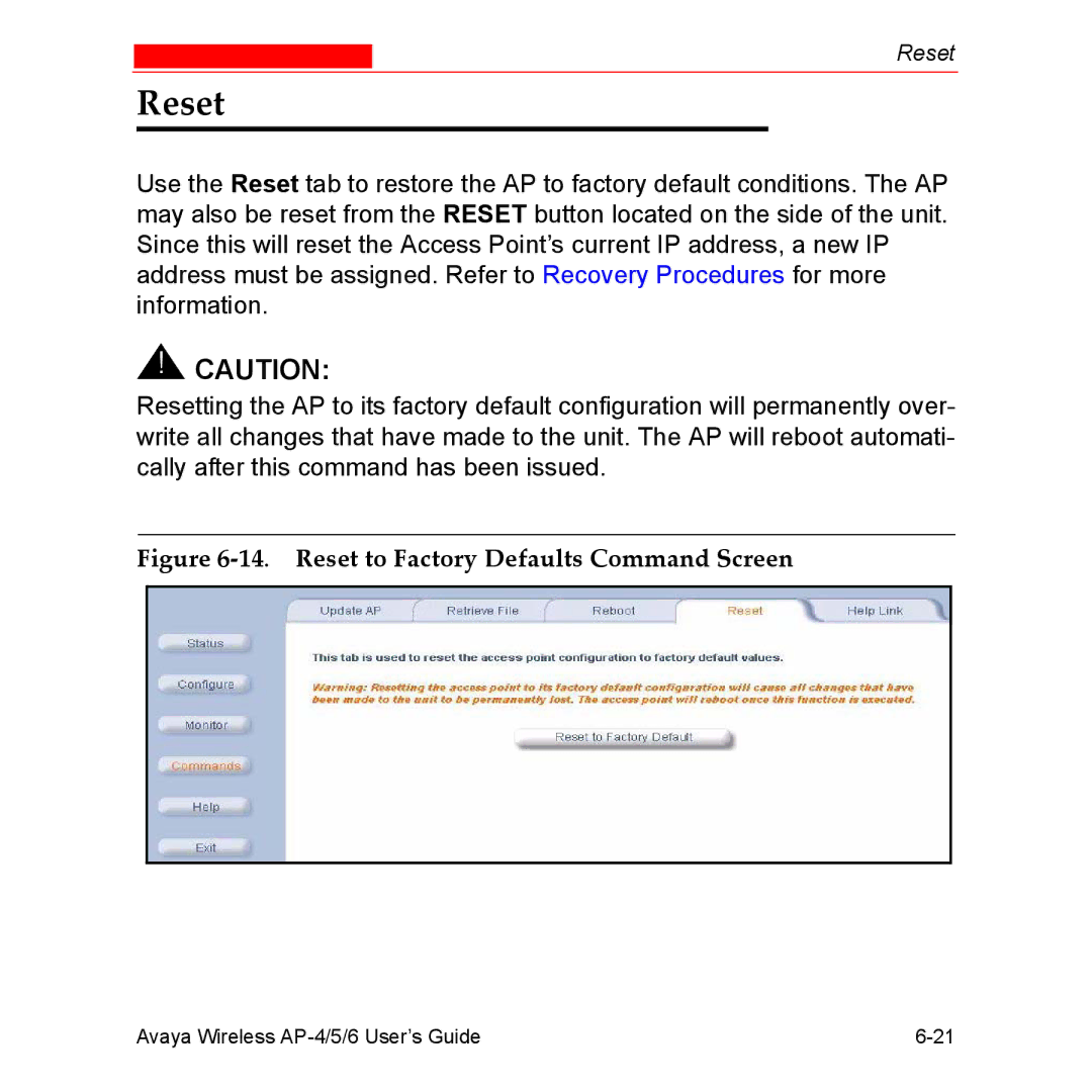 Avaya AP-6, AP-4, AP-5 manual Reset to Factory Defaults Command Screen 