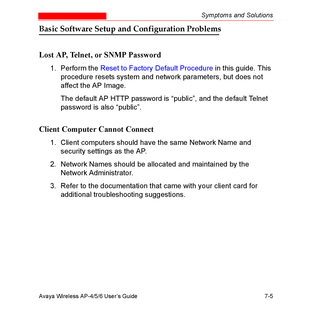 Avaya AP-4, AP-6, AP-5 manual Basic Software Setup and Configuration Problems, Lost AP, Telnet, or Snmp Password 