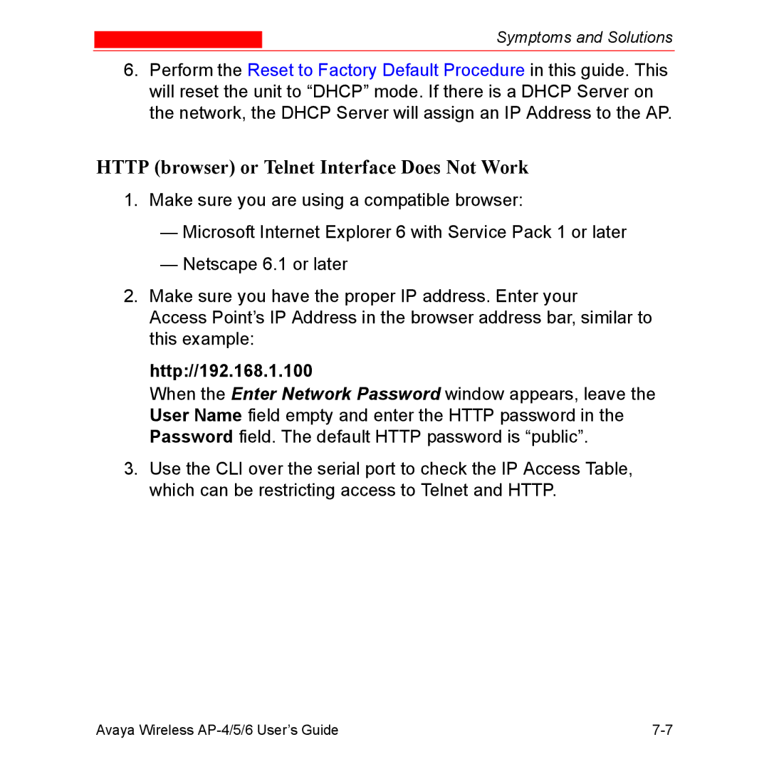 Avaya AP-5, AP-4, AP-6 manual Http browser or Telnet Interface Does Not Work, Http//192.168.1.100 