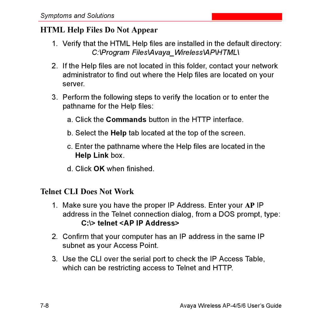 Avaya AP-4, AP-6, AP-5 manual Html Help Files Do Not Appear, Telnet CLI Does Not Work, telnet AP IP Address 