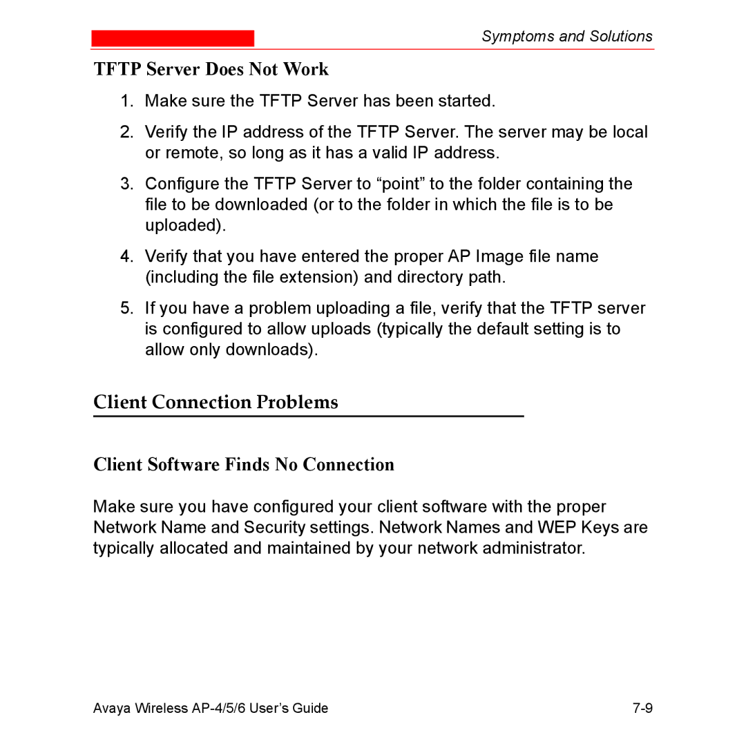 Avaya AP-6, AP-4, AP-5 manual Tftp Server Does Not Work, Client Connection Problems, Client Software Finds No Connection 