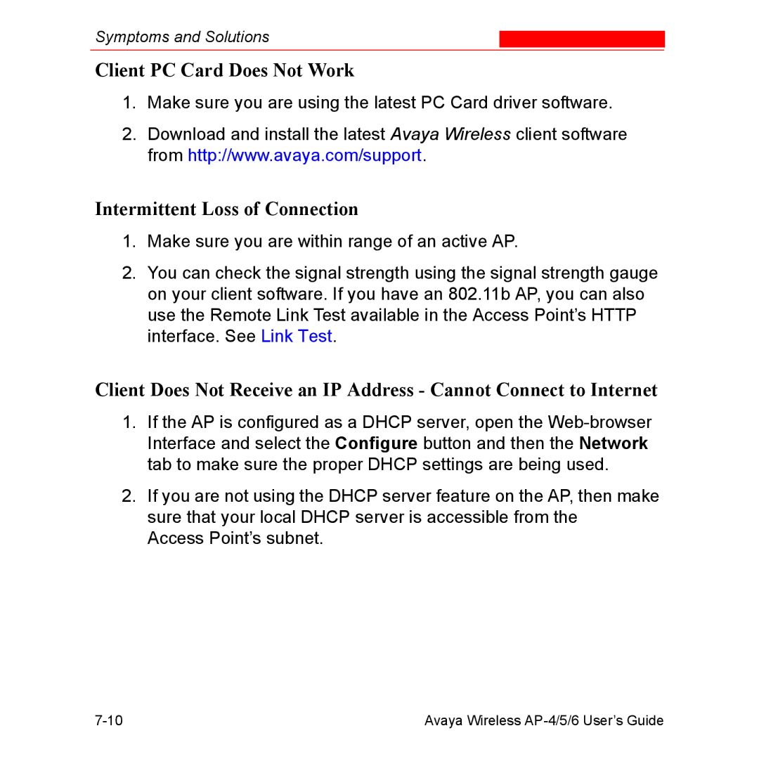 Avaya AP-5, AP-4, AP-6 manual Client PC Card Does Not Work, Intermittent Loss of Connection 