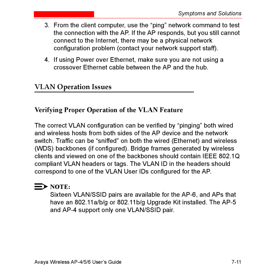 Avaya AP-4, AP-6, AP-5 manual Vlan Operation Issues, Verifying Proper Operation of the Vlan Feature 