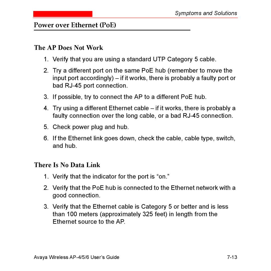 Avaya AP-5, AP-4, AP-6 manual Power over Ethernet PoE, AP Does Not Work, There Is No Data Link 