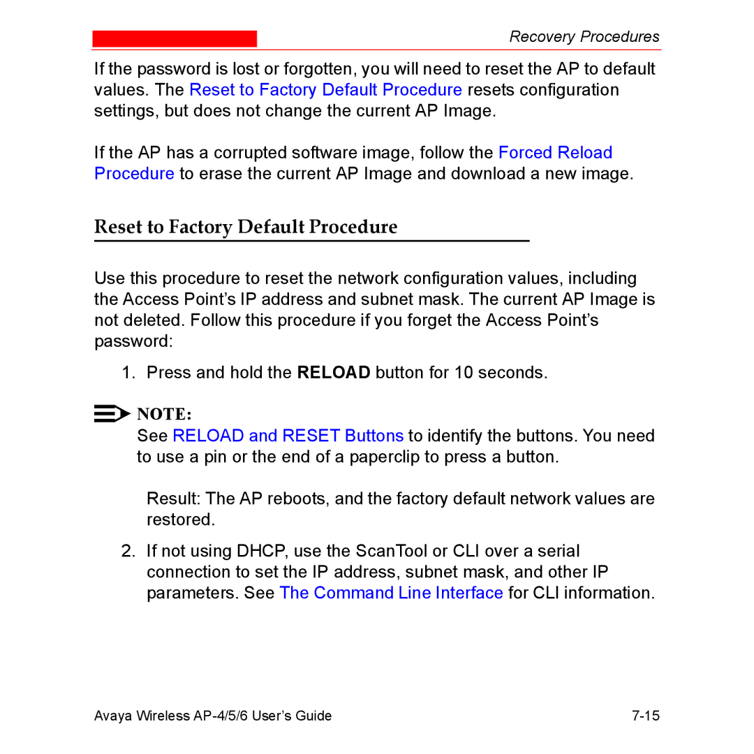 Avaya AP-6, AP-4, AP-5 manual Reset to Factory Default Procedure 