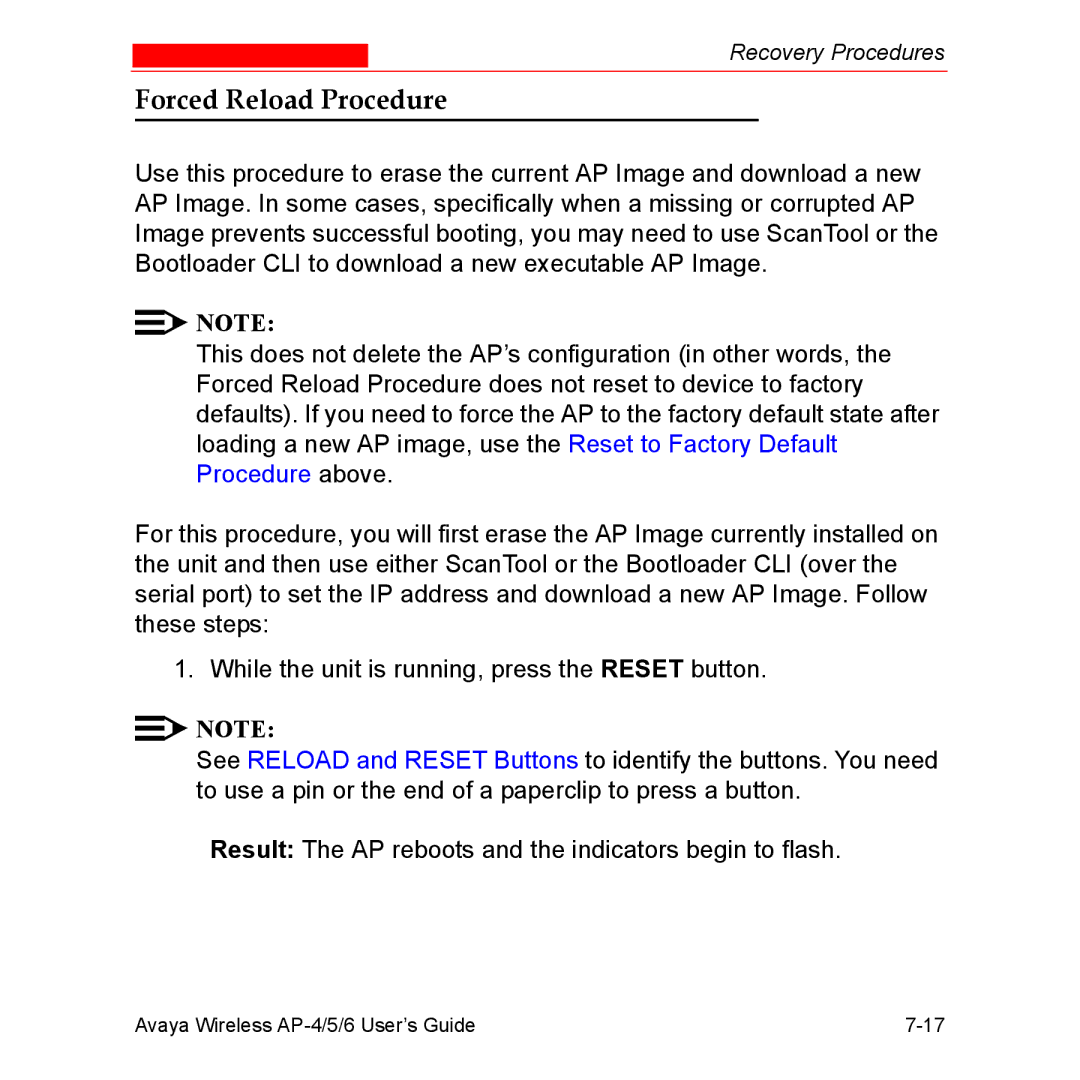 Avaya AP-4, AP-6, AP-5 manual Forced Reload Procedure 