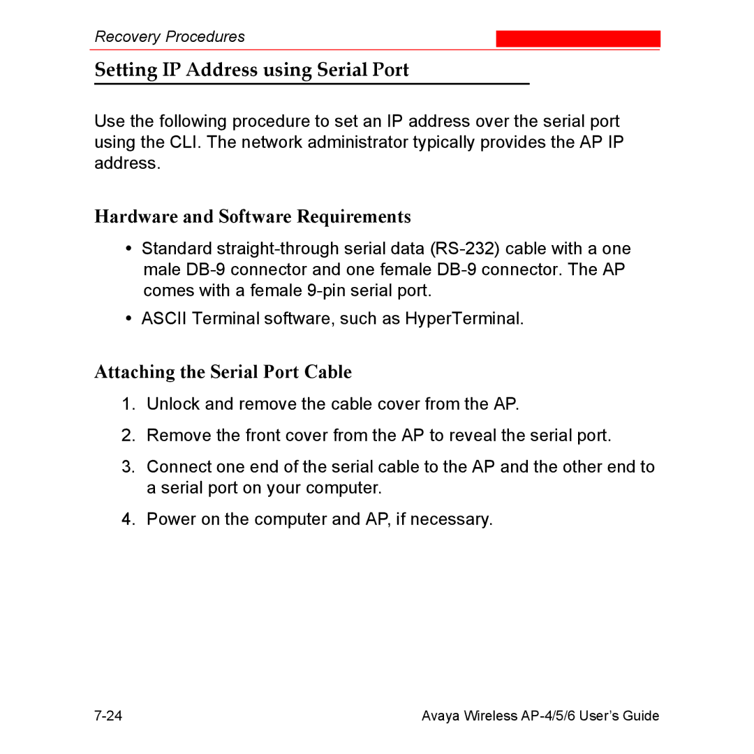 Avaya AP-6, AP-4 Setting IP Address using Serial Port, Hardware and Software Requirements, Attaching the Serial Port Cable 