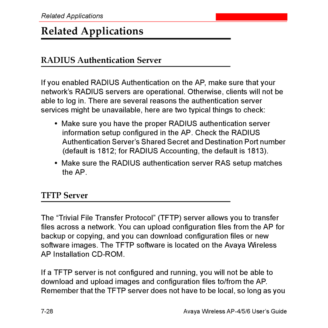 Avaya AP-5, AP-4, AP-6 manual Related Applications, Radius Authentication Server, Tftp Server 