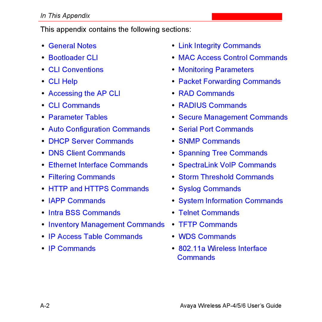 Avaya AP-4, AP-6, AP-5 manual This appendix contains the following sections 