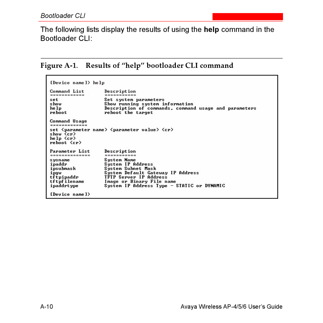 Avaya AP-5, AP-4, AP-6 manual Figure A-1. Results of help bootloader CLI command 