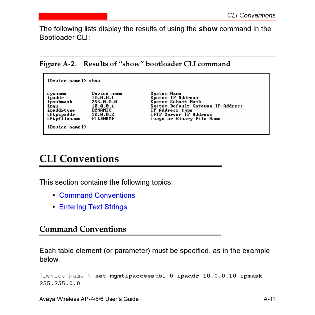 Avaya AP-4, AP-6, AP-5 manual CLI Conventions, Command Conventions 