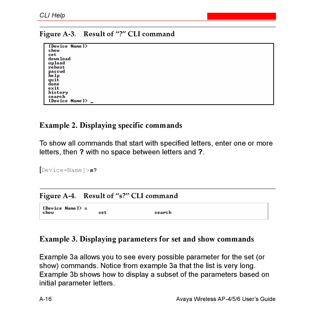 Avaya AP-5, AP-4, AP-6 Example 2. Displaying specific commands, Example 3. Displaying parameters for set and show commands 