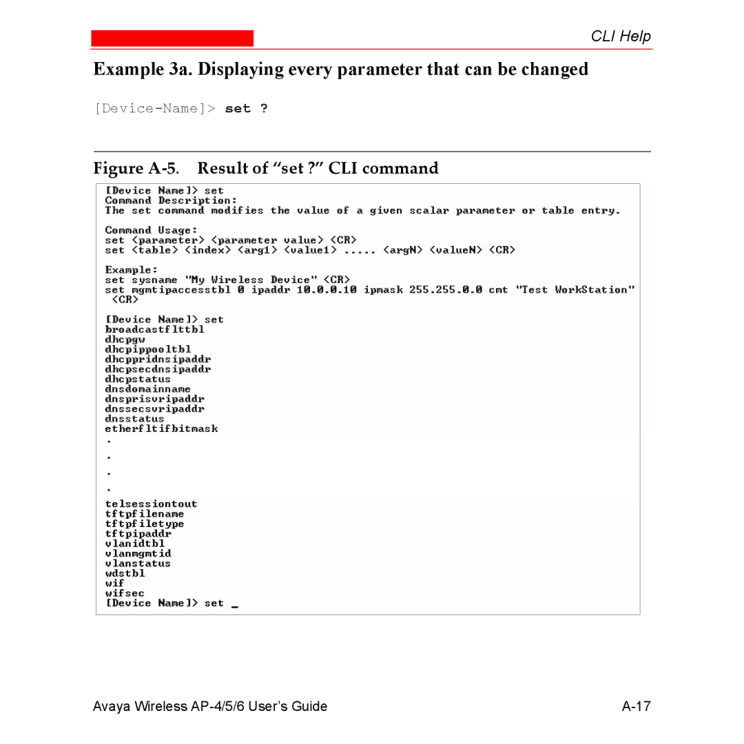 Avaya AP-4, AP-6, AP-5 Example 3a. Displaying every parameter that can be changed, Figure A-5. Result of set ? CLI command 