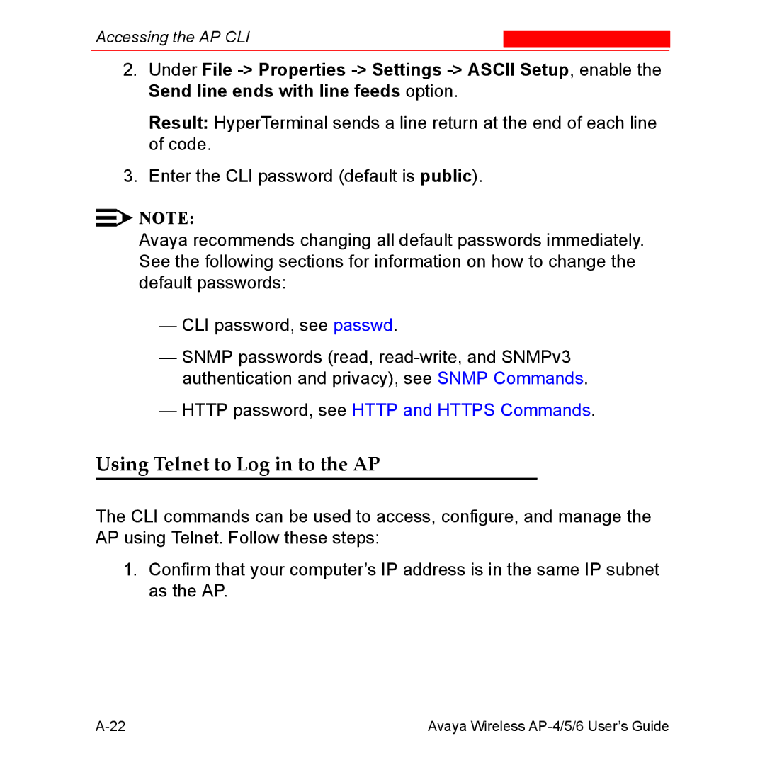 Avaya AP-5, AP-4, AP-6 manual Using Telnet to Log in to the AP 