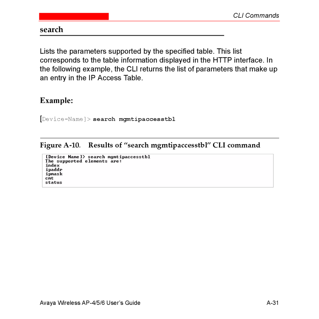 Avaya AP-5, AP-4, AP-6 manual Search, Figure A-10. Results of search mgmtipaccesstbl CLI command 