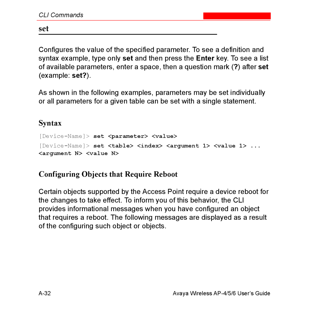 Avaya AP-4, AP-6, AP-5 manual Set, Configuring Objects that Require Reboot 