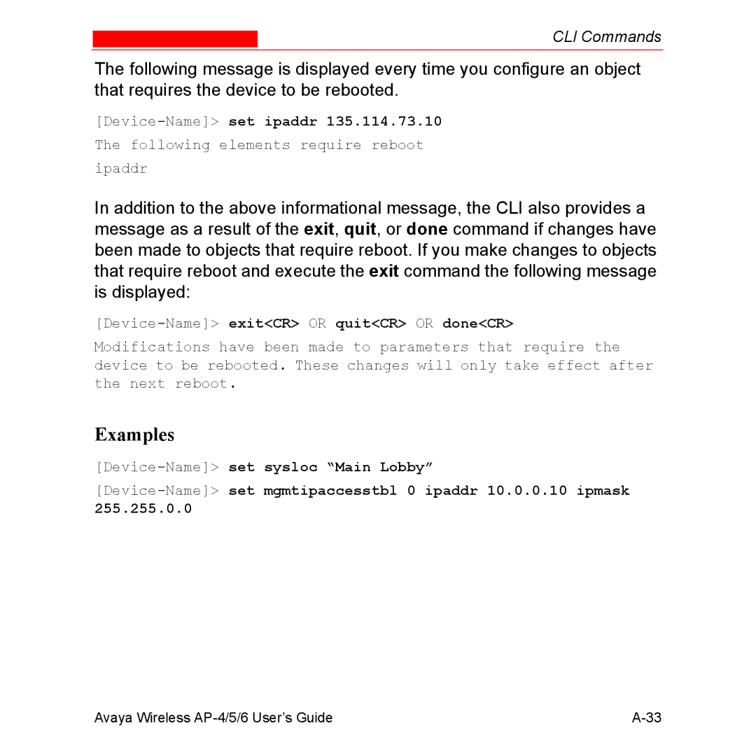 Avaya AP-6, AP-4, AP-5 manual Examples, Device-NameexitCR or quitCR or doneCR 