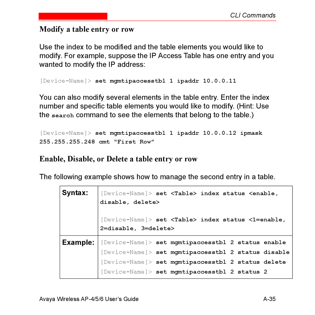 Avaya AP-4, AP-6, AP-5 manual Modify a table entry or row, Enable, Disable, or Delete a table entry or row 