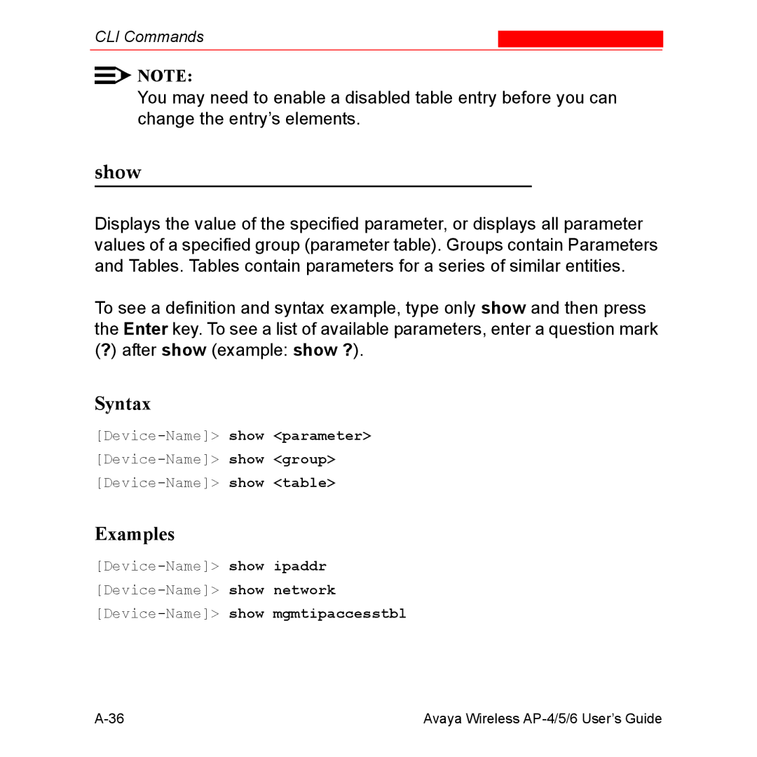 Avaya AP-6, AP-4, AP-5 manual Show, Syntax 