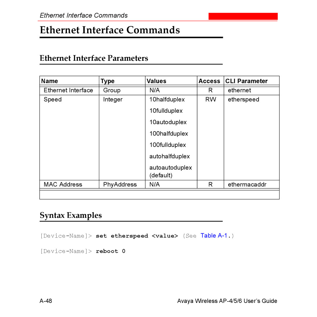 Avaya AP-6, AP-4, AP-5 manual Ethernet Interface Commands, Ethernet Interface Parameters 