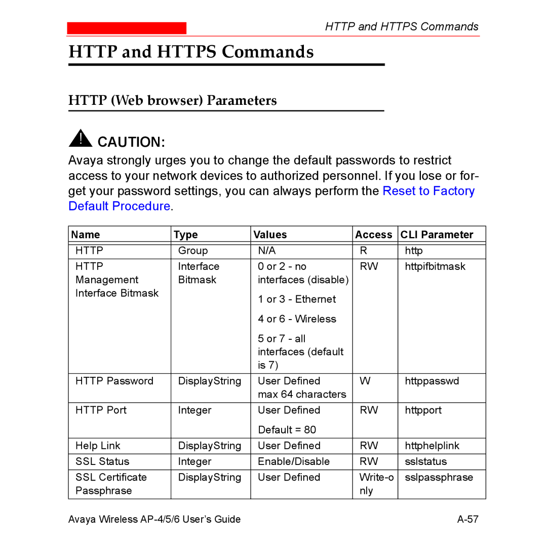 Avaya AP-6, AP-4, AP-5 manual Http and Https Commands, Http Web browser Parameters 