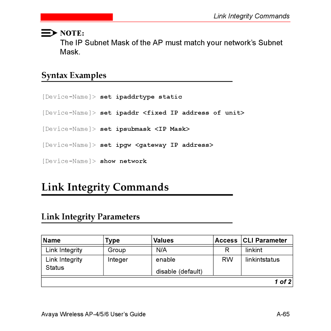 Avaya AP-4, AP-6, AP-5 manual Link Integrity Commands, Link Integrity Parameters 