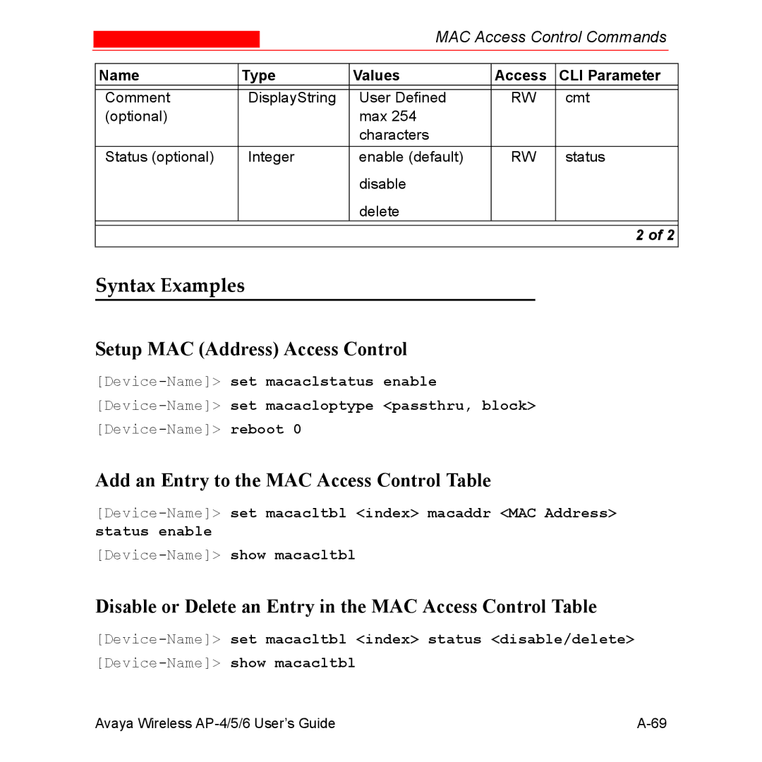 Avaya AP-6, AP-4, AP-5 manual Setup MAC Address Access Control, Add an Entry to the MAC Access Control Table 