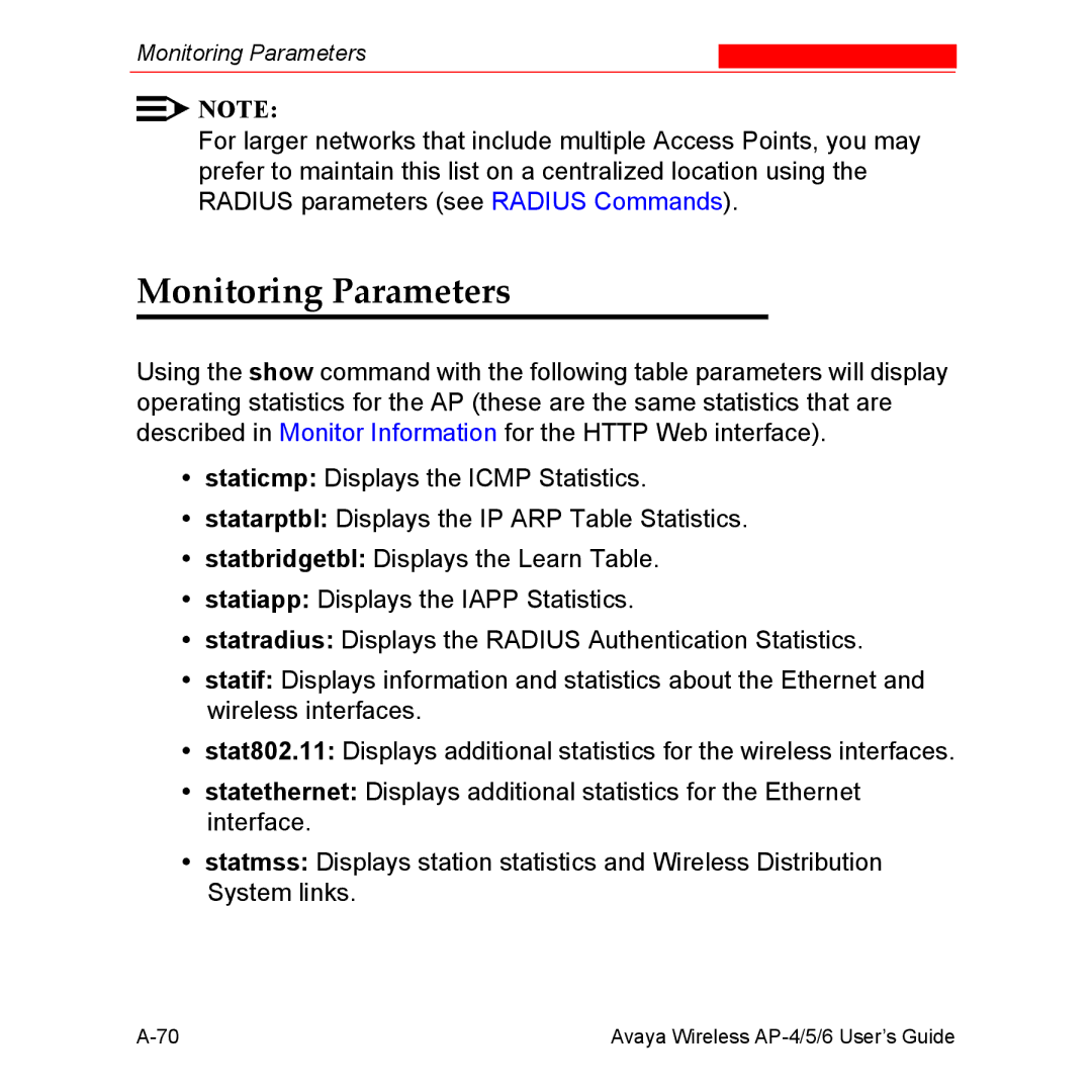 Avaya AP-5, AP-4, AP-6 manual Monitoring Parameters 