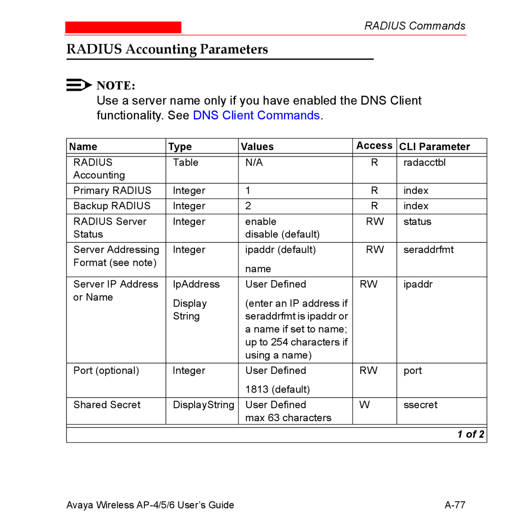 Avaya AP-4, AP-6, AP-5 manual Radius Accounting Parameters 