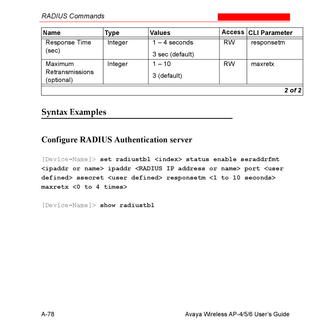 Avaya AP-6, AP-4, AP-5 manual Syntax Examples, Configure Radius Authentication server 